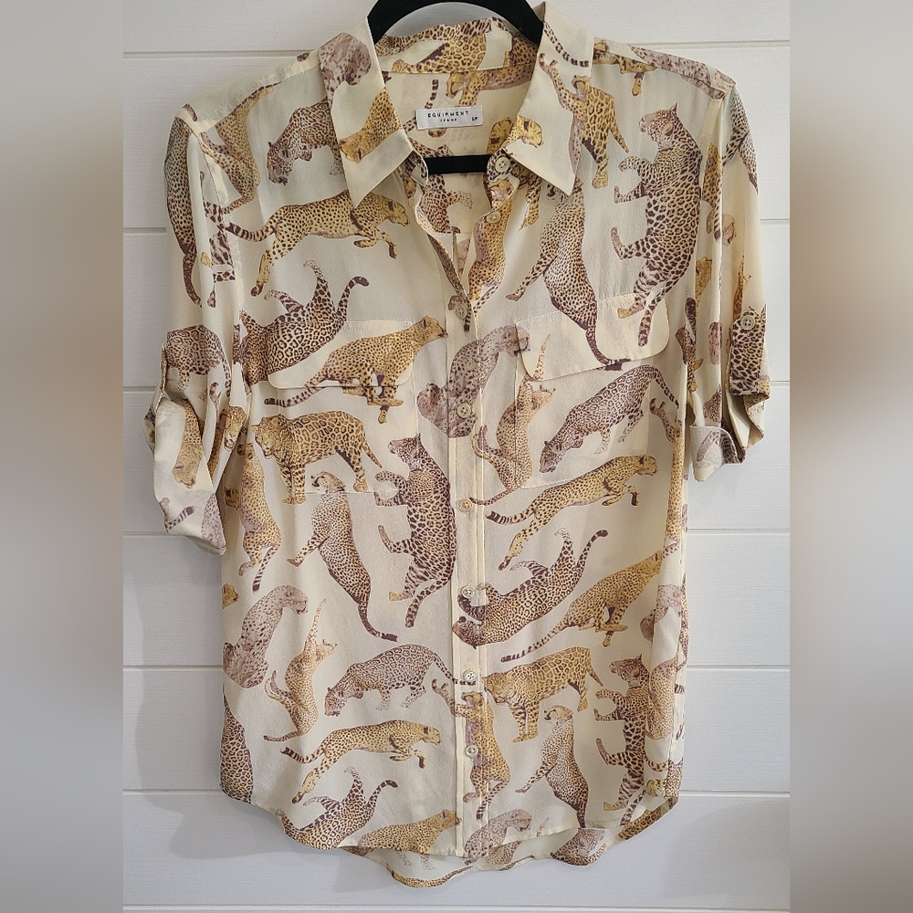 Equipment 100% Silk Floating Cheetah Top Blouse Small S